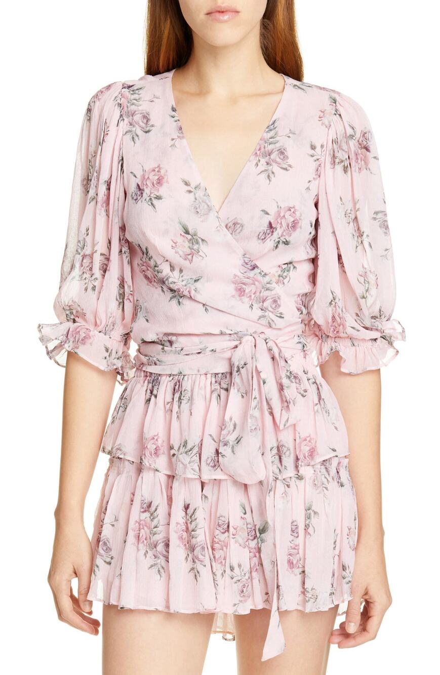 LOVE SHACK FANCY Domino Wrap Top Large Pink Dream Floral Silk Long Sleeve NWOT